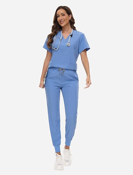 VIAOLI SCRUBS FOR WOMEN SET V-NECK POCKET TOP & DRAWSTRING JOGGER SCRUB PANTS STRETCH NURSING SCRUBS SET UNIFORM
