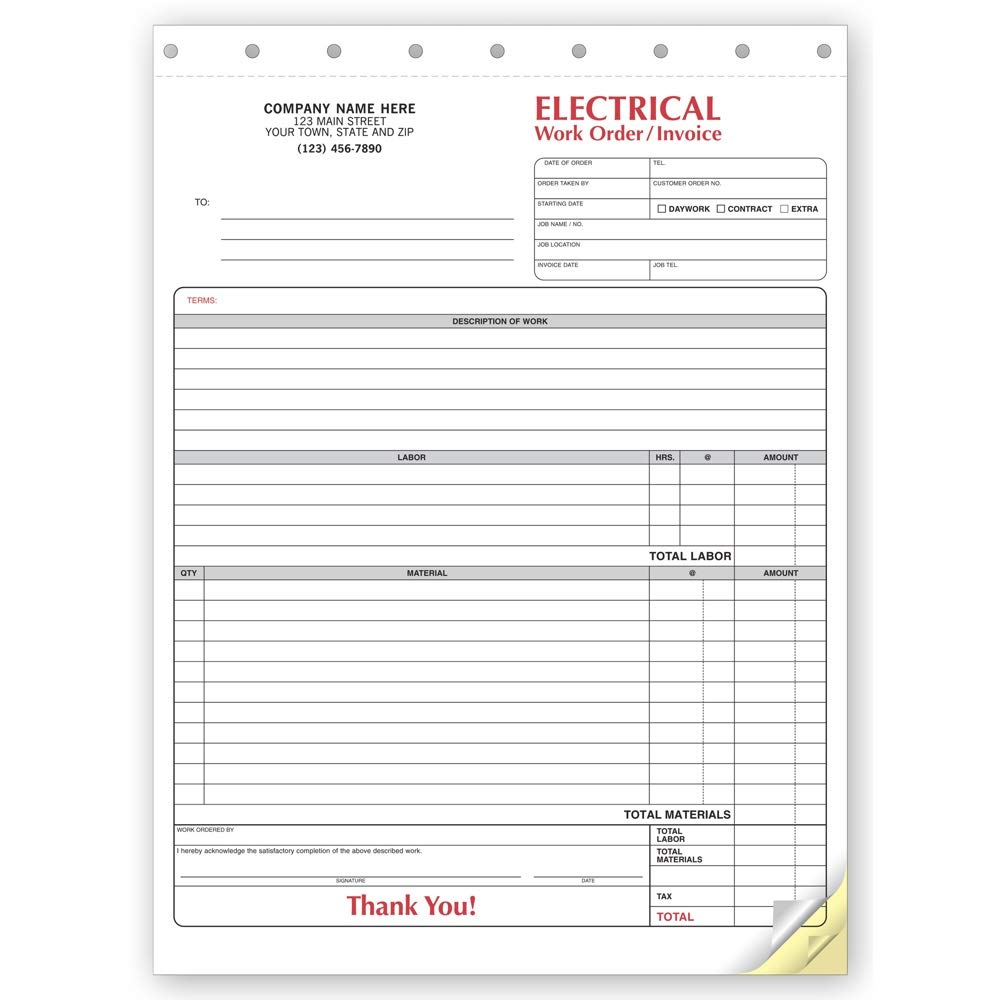 Checksimple Electrical Work Orders Specific For Electricians Invoice And Job Cost Record Form 250 3 Part Forms