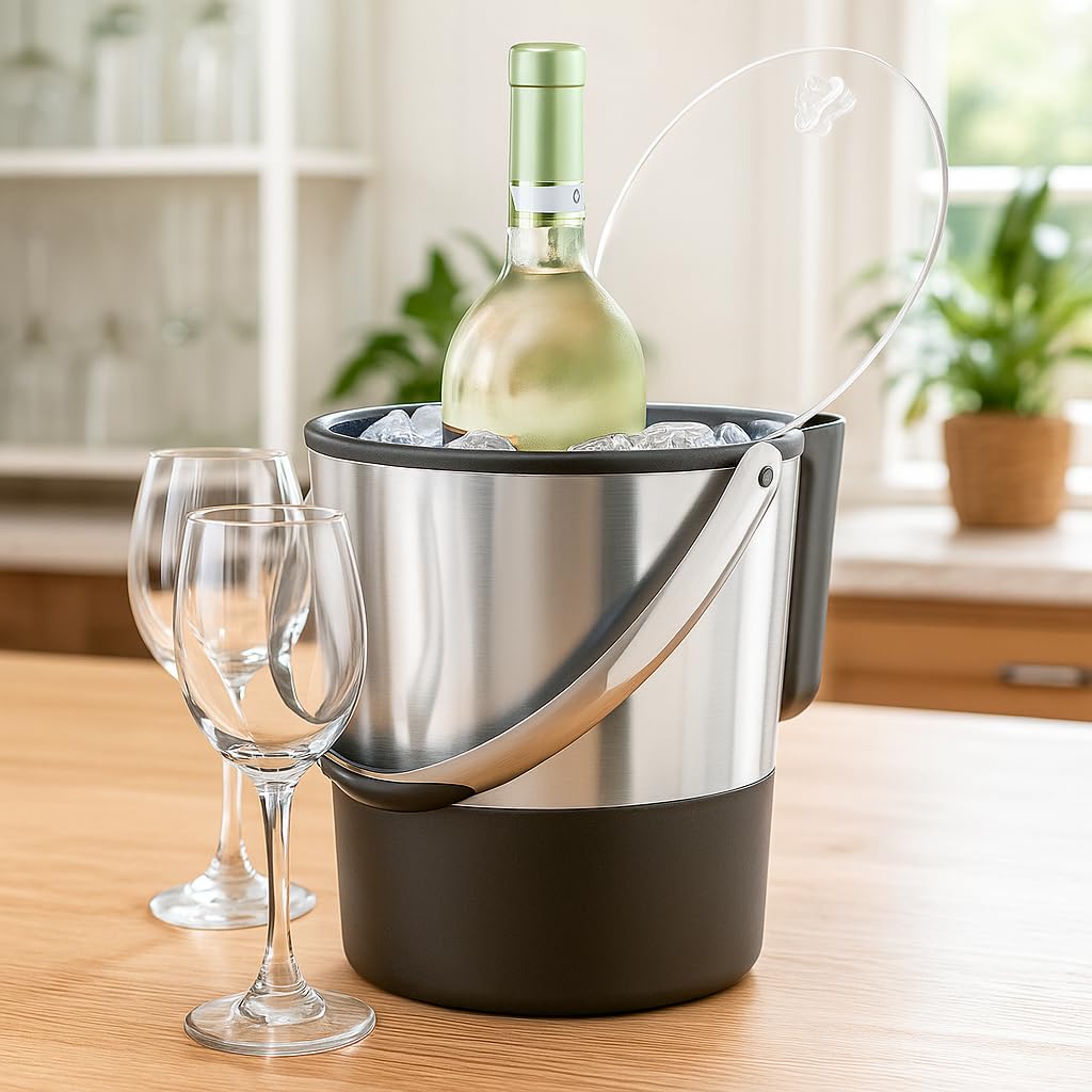 Oggi Insulated Ice Bucket, 4 Quart / 3.8 L, Stainless Steel, Black.