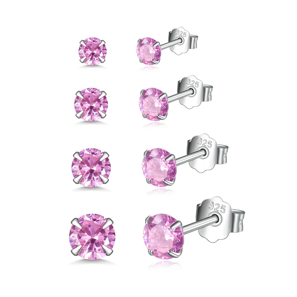Shuxin Silver Stud Earrings for Women, 4 Pairs 925 Sterling Silver Zirconia Stud Earrings Set, Hypoallergenic Small Sleeper Cartilage Studs, with AAAAA Pink Cubic Zirconia, Size: 3, 4, 5, 6mm