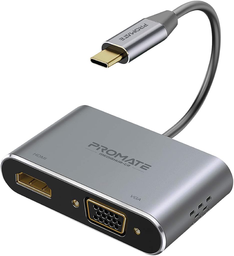 Promate USBC to VGA and HDMI Adapter, High Definition Aluminium USBC to VGA HDMI Converter 4K