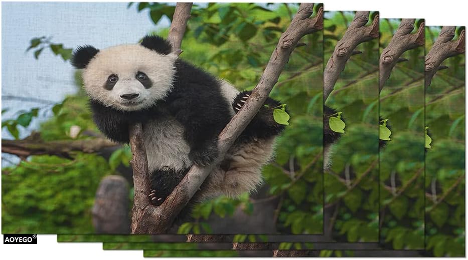 AOYEGO Panda Place Mats 12x18 Inch Cute Animal Panda Bear Climbing Tree in Forest Leaf Table Placemats Set of 4 Cotton Linen for Dining Room Kitchen Home Decor