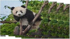 AOYEGO Panda Place Mats 12x18 Inch Cute Animal Panda Bear Climbing Tree in Forest Leaf Table Placemats Set of 4 Cotton Linen for Dining Room Kitchen Home Decor