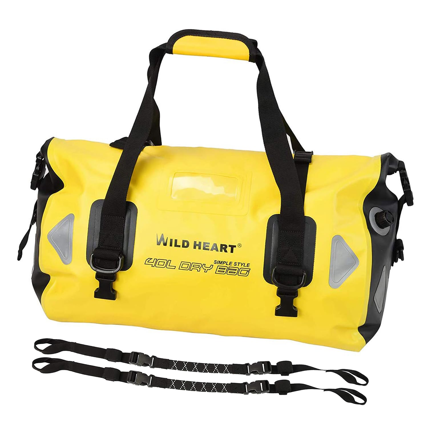 Wild heart Waterproof Bag Duffel Bag 40L 66L 100L with Welded Seams Shoulder Straps, Mesh Pocket for Kayaking, Camping, Boating,Bycycle,Motorcycle (40L Yellow with Rope)