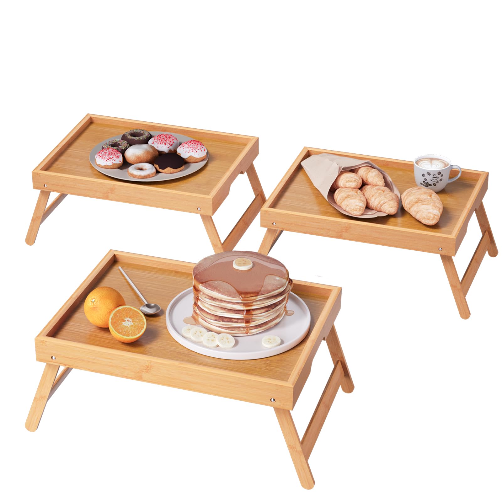Photo 1 of VERTORGAN 3 Pack Bamboo Bed Tray Table with Folding Legs,Breakfast Trays,Serving Tray,Laptop Tray for Working,Food Snack Tray for Bed and Sofa(Natural)