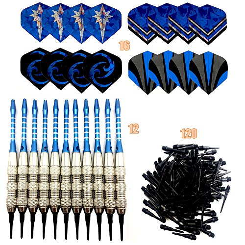 Wolmund Electronic Darts Set - 12 Pieces Soft-Tips-Dart[18g], Plastic-Tipped Dart Case, Aluminum Shafts,16 Dart Flights,120 Tips for Bar Game Darts Target, Safety Kids Darts for Dartsboard (Blue)