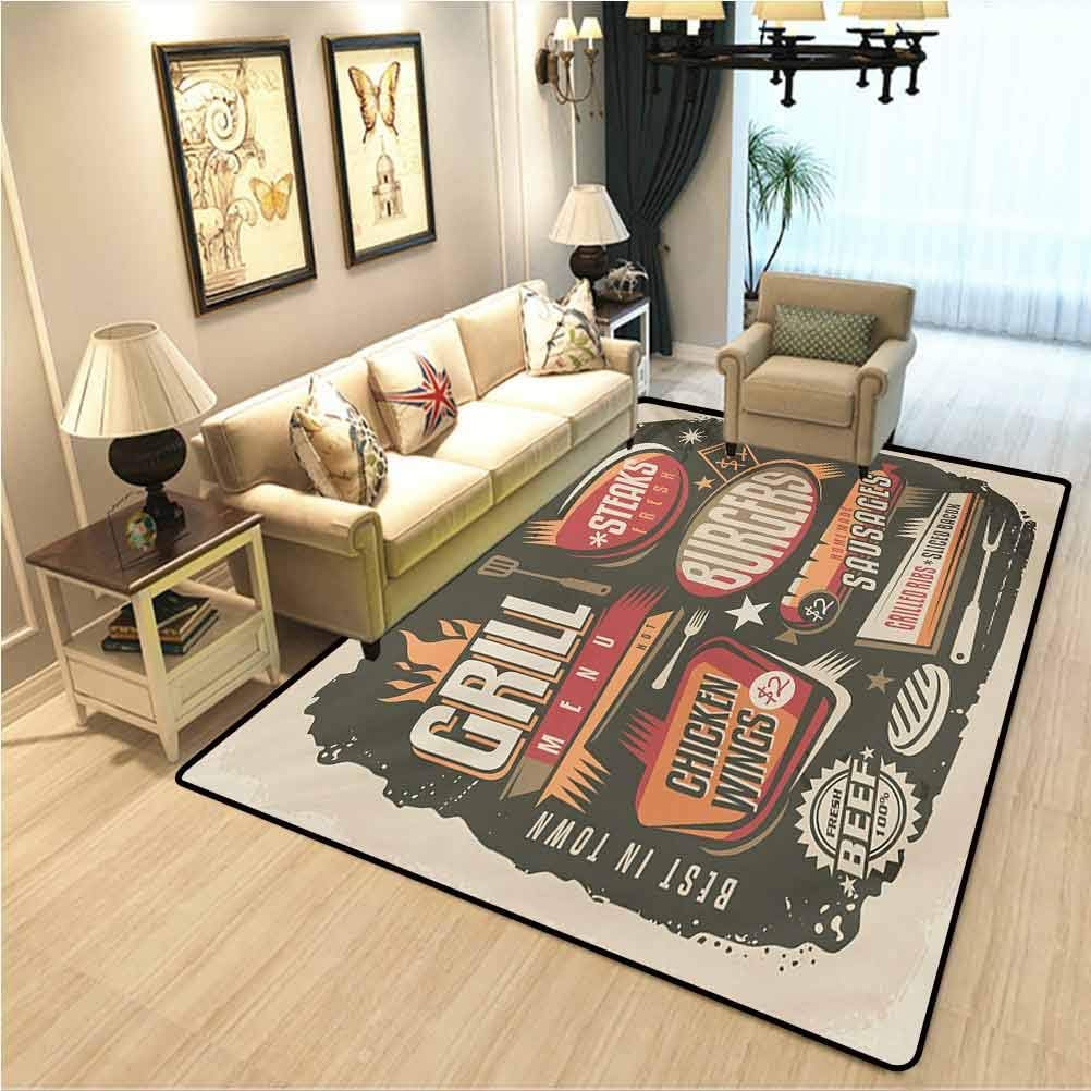 BBQ Party Living Room Children's Room Carpet Grill Menu Design with Steaks Burgers Wings Sausages Ribs and Bacon Retro Effect Soft Comfy Area Rugs for Bedroom Multicolor W5xL7 Ft