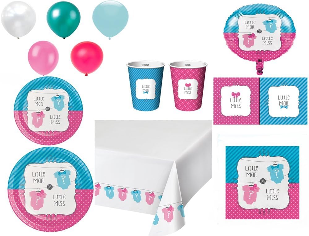 Disposable Plates/Napkins/Cups/Tablecloth/Balloons Bow or Bowtie Gender Reveal Baby Shower party, 8-Piece Bundle