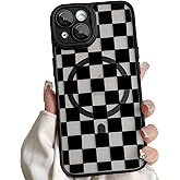 Lovmooful Magnetic Compatible for iPhone 14 Case Compatible for MagSafe Cute Clear Checkerboard Lattice Plaid Design for Girls Women Soft TPU+PC Shockproof Protective Girly for iPhone 14 Case-Black