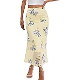 MEROKEETY Women's Summer Floral Mesh Midi Skirt 2026 Casual Trendy High Waist Ruched Boho Skirts