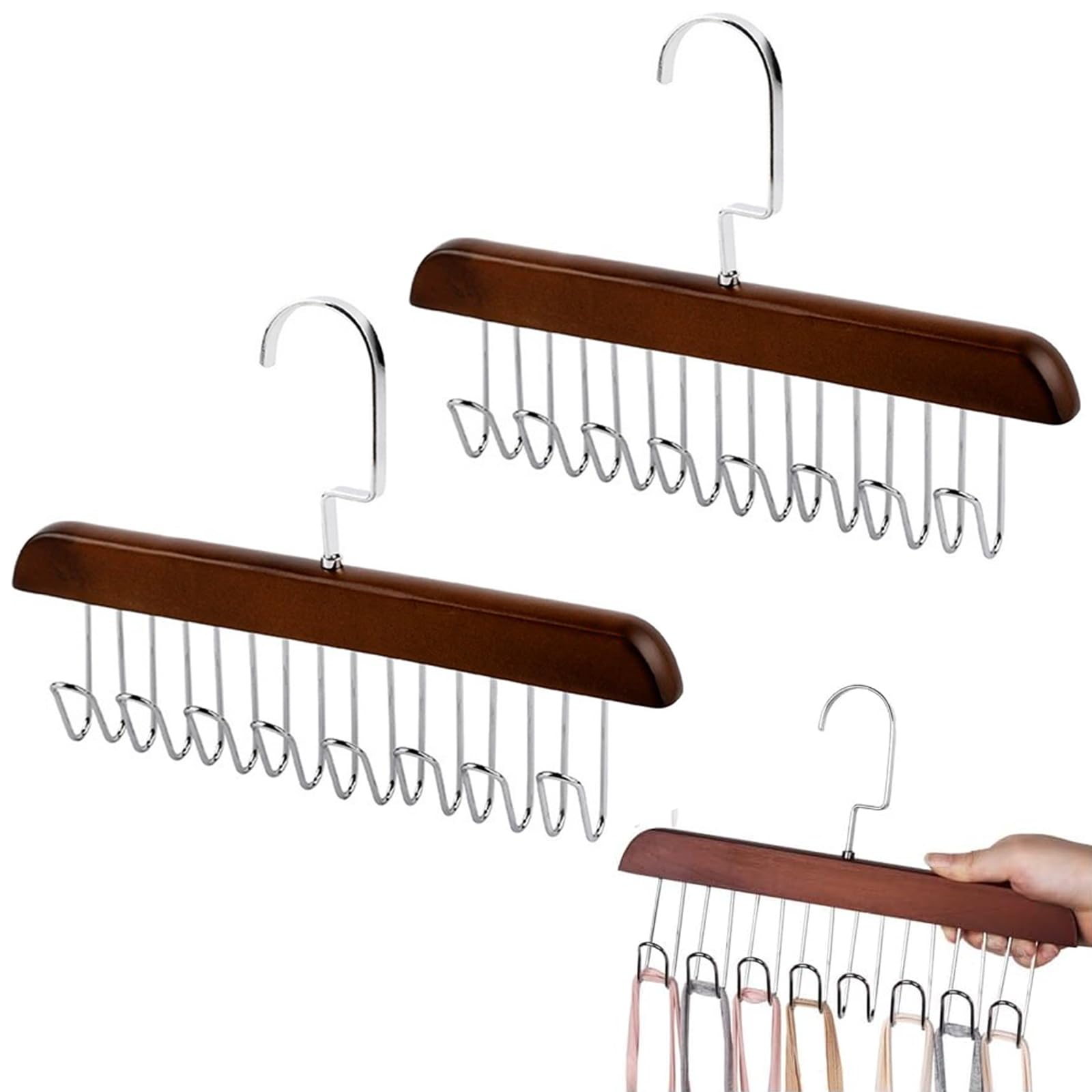 iTYOOS 2 Pieces Belt Hanger for Wardrobe Wooden Belt Hanger for Closet Anti Slip Multi Hook Coat Rack Sturdy Wooden Belt Holder Anti Slip Multi Hook Coat Rack Bra Hanger with 8 Hooks Reddish brown