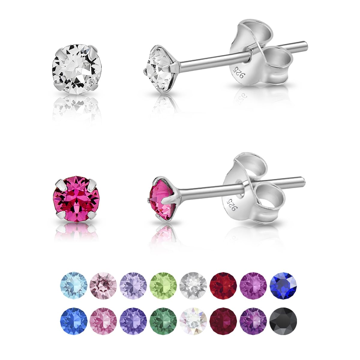 DTPSilver - Set of 2 PAIRS of 925 Sterling Silver Round TINY Stud Earrings made with Glittering Crystals from Swarovski® Elements - Diameter: 3 mm - Colour : Rose