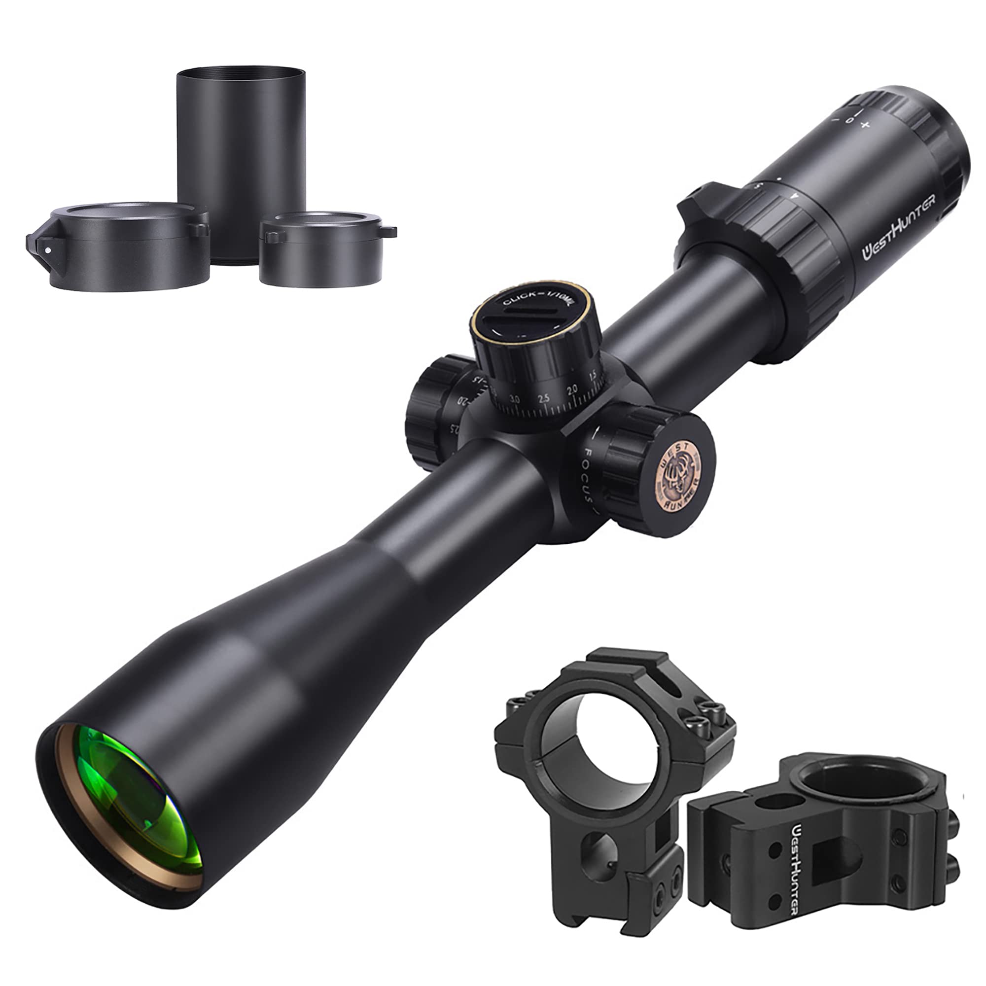 WestHunter Optics HD 4-16x44 FFP Riflescope, 30mm Tube First Focal Plane Tactical Wide Field of View Precision 1/10 MIL Scope | Black, Dovetail Shooting Kit C