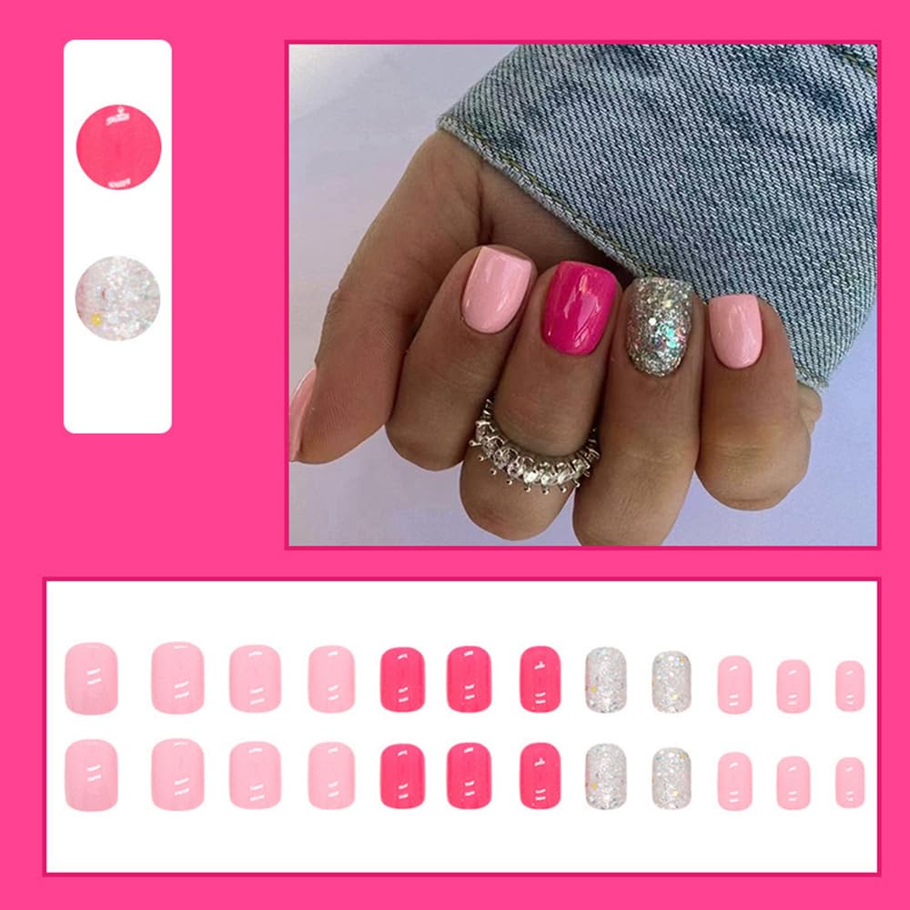 24 Pcs Pink Press on Nails Short Square - YIHONGYAN Spring Fake Nails Press ons Nails Acrylic Nail Kit Full Cover False Nails with Sequins Glossy Glue on Nails Art Stick on Nails for Women Manicure - Image 2