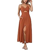 BTFBM Women 2026 Spaghetti Strap Midi Summer Dresses Sleeveless V Neck Cutout Slit Casual Beach Party Maxi Dress Pockets