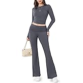 ZOOSIXX Lounge Sets for Women - 2 Piece Outfits Crop Tops with Fold Over Flare Leggings Fall Loungewear Fitted Pajama Sets