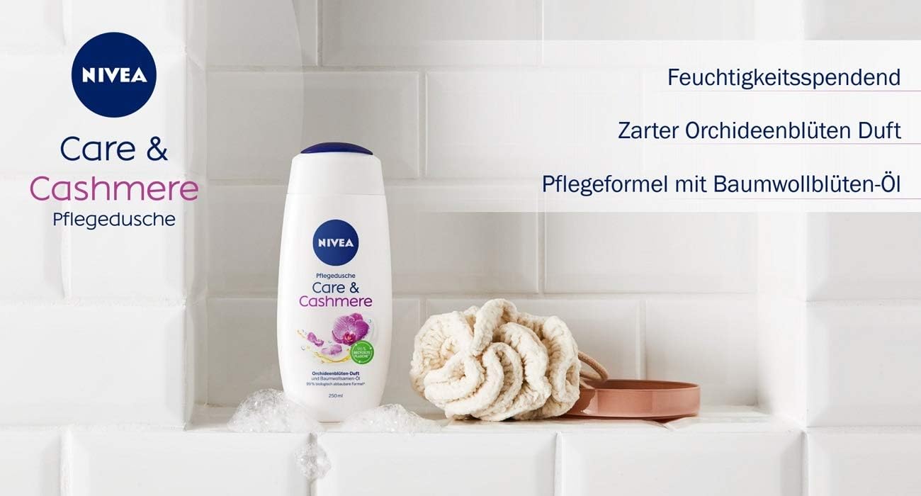 NIVEA Care & mere Shower Gel (250 ml), Sensual Scented Shower Gel with Velvety Soft Foam, Rich Cream Shower with Cotton Seed Oil - Image 5