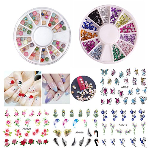 2 Wheels Acrylic Nail Rhinestones kit 12 colors Pearl Nail Art Rhinestones Decor Accessories, 4 Sheets Nail Decal Water Transfer Tattoo Stickers (ADDSET7C)