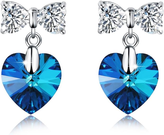 Meidiya 925 Sterling Silver Blue Love Heart Stud Earrings/Pendant Necklace with Swarovski Crystal Elements for Girls (Heart & Butterfly Earrings)