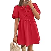 ZESICA Women's Summer Short Sleeve Tie Front Mini Dress Cute Babydoll Ruffle Pleated A Line Tunic Dresses