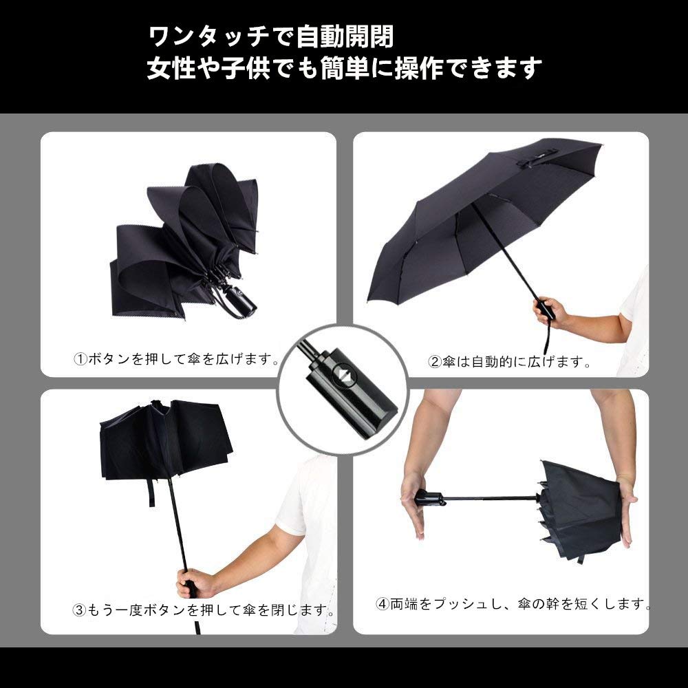Glamore 折りたたみ傘 自動開閉 晴雨兼用 大きい 軽量 ファッション 黒 ワンタッチ おしゃれ 紳士傘 8本骨 風に強い (ブラック)