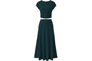 PRETTYGARDEN Women's 2 Piece Summer Outfits Dressy Casual Knit Short Sleeve Crop Top High Waist Midi Skirt Set