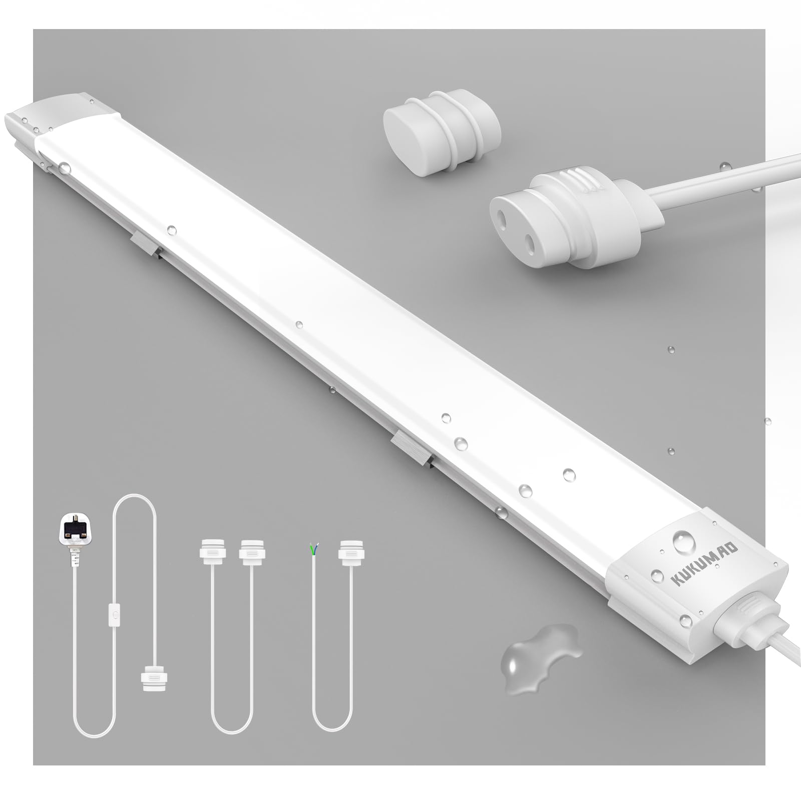 KUKUMAO LED Batten Light 6000K Daylight, Linkable LED Fluorescent Strip 4000LM Fitting for Garage, Workshop, Office, Wall, Kitchen, Shed, IP65 Plug in Ceiling Light Strip, 4FT, 120cm, 36W.
