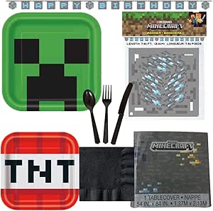 Amazon Com Minecraft Birthday Party Supplies For 16 Guests Plates Tablecover Banner Cutlery Napkins Home Kitchen