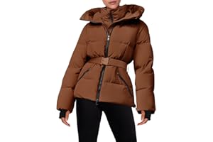 Fisoew Womens Ski Jacket Warm Hooded Insulated Waterproof Quilted Puffy Mountain Snow Winter Coat with Belt