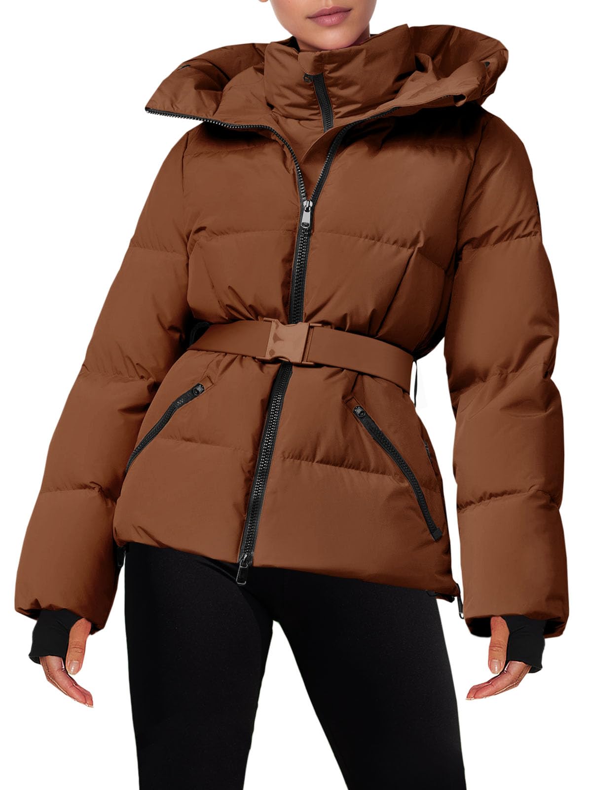 Photo 1 of Fisoew Womens Ski Jacket Warm Hooded Insulated Waterproof Quilted Puffy Mountain Snow Winter Coat with Belt