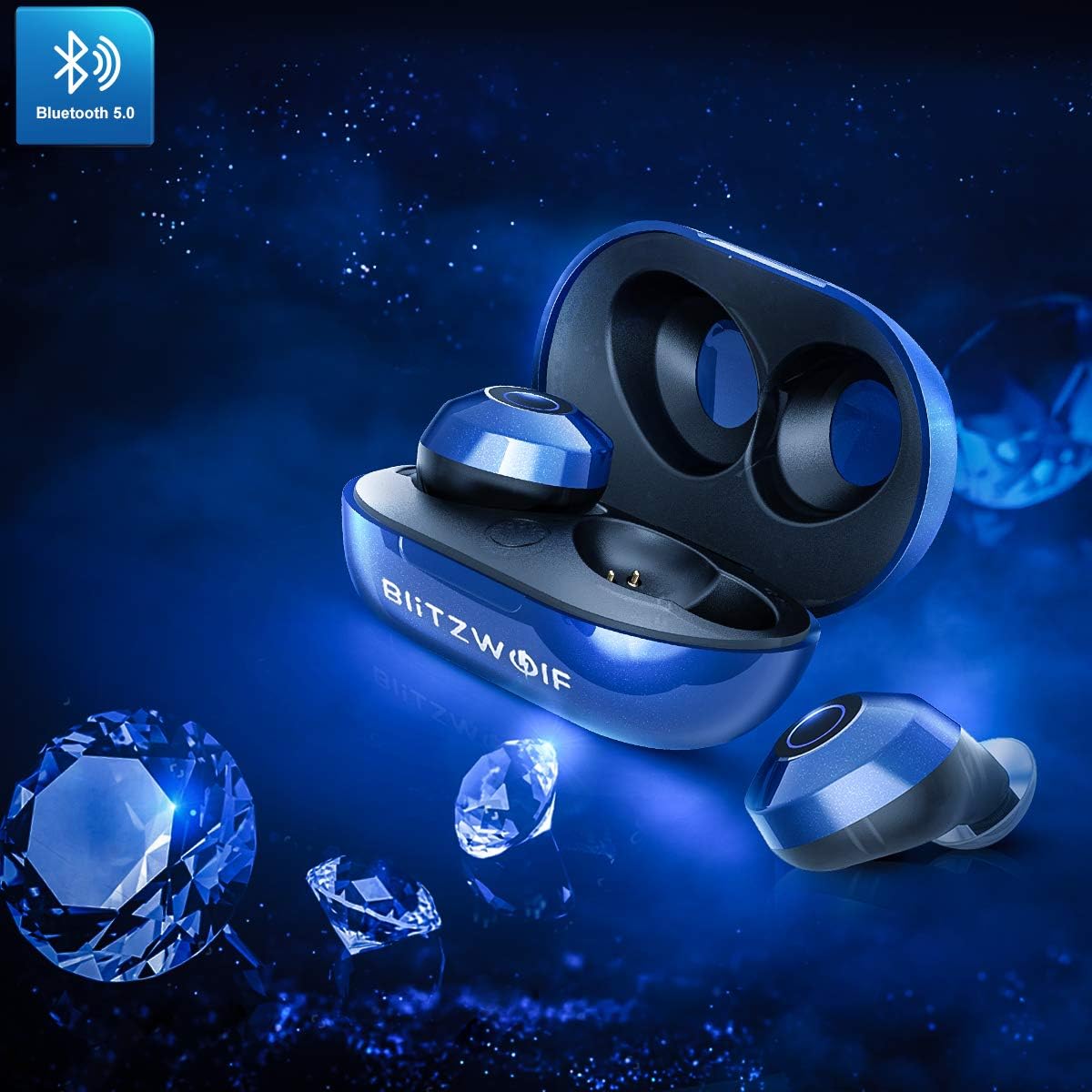 BlitzWolf Wireless Headphones, Bluetooth 5,0 Truly Wireless Earphones with 15H Playtime,Balance Stereo Sound with Microphone,IPX6 Waterproof,with Portable Charging Case,for IOS,Android,PC,Royal Blue