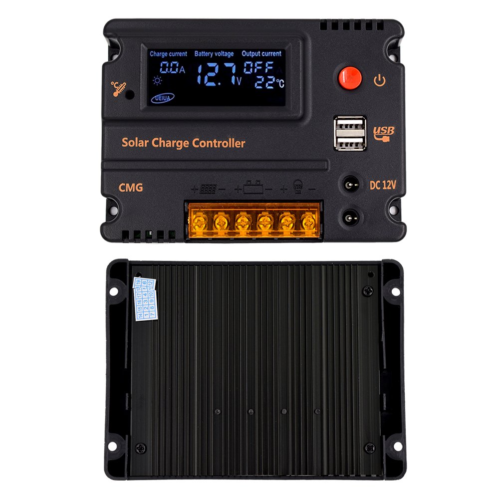 COSSCCI 10A 12V/24V Solar Charge Controller, Solar Panel Battery Intelligent Regulator Auto Switch, LCD Display Intelligent USB Port, Overload Protection &Temperature Compensation