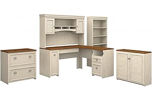 BUSH BUSINESS FURNITURE Bush Furniture Fairview 60W L Shaped Desk with Hutch, File Cabinet, Bookcase and Storage in Antique White and Tea Maple