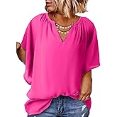 Eytino Womens Plus Size Tops Loose V Neck Bell Short Sleeve Casual Chiffon Blouses Pleated Flowy Shirts(1X-5X)
