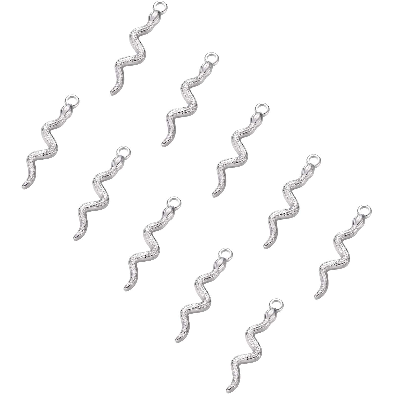 UNICRAFTALE 10pcs Snake Pattern Charms 304 Stainless Steel Charms Pendants 2mm Small Hole Pendants for Necklace Bracelet Jewelry Making, Stainless Steel Color, 28x6x1.5mm