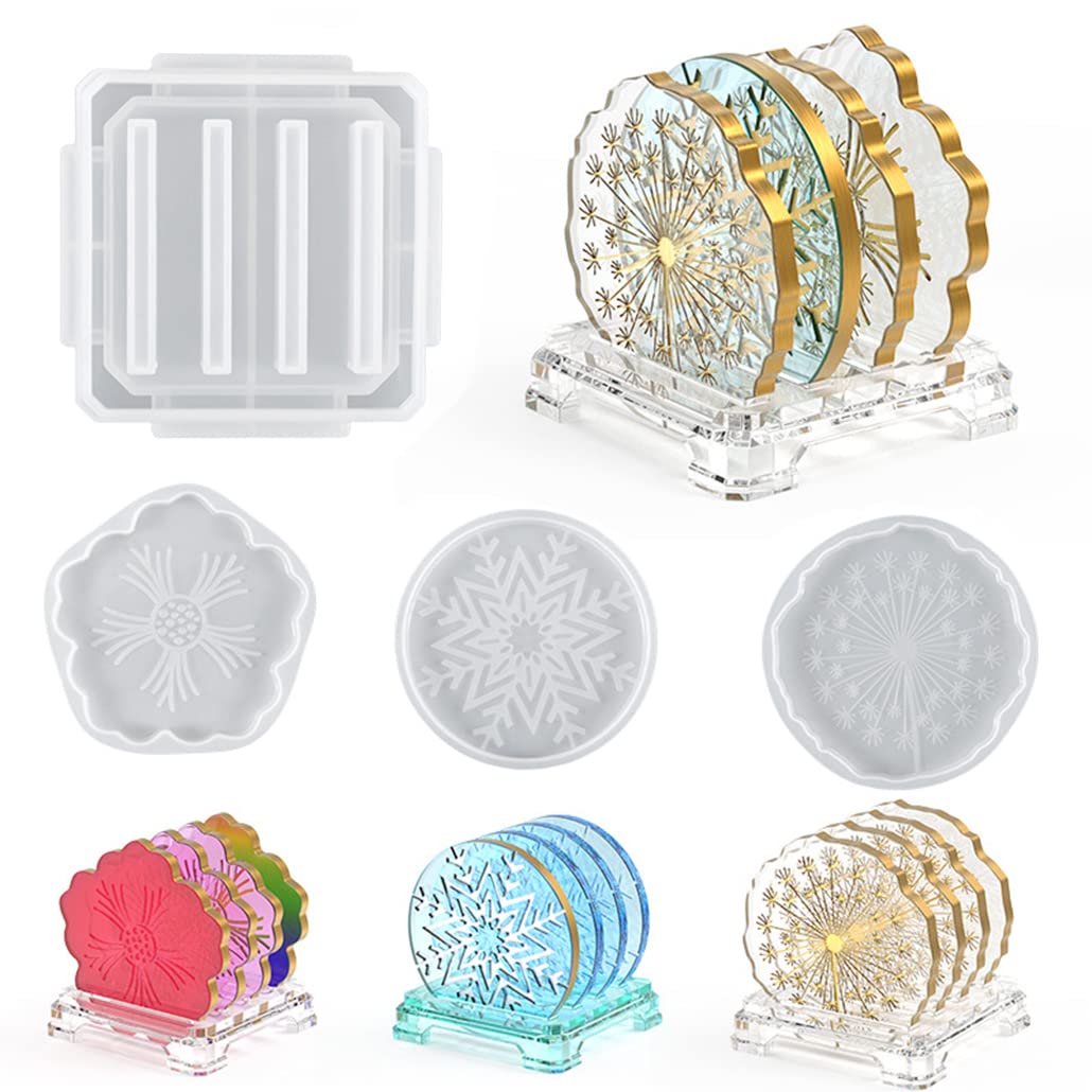 KyeeaDIY 5 Pieces Resin Molds for Coaster Sets Round Tray Silicone Molds for Resin Epoxy Coaster Molds with Stand Holder Resin Mold Coaster Set Silicone Cup Mats Rack Epoxy Casting (Snowflake Molds)