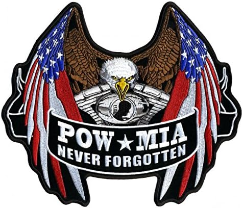 Hot Leathers, POW MIA NEVER FORGOTTEN FLAG EAGLE, High Thread Embroidered Iron-On / Saw-On Rayon PATCH - 5" x 4"