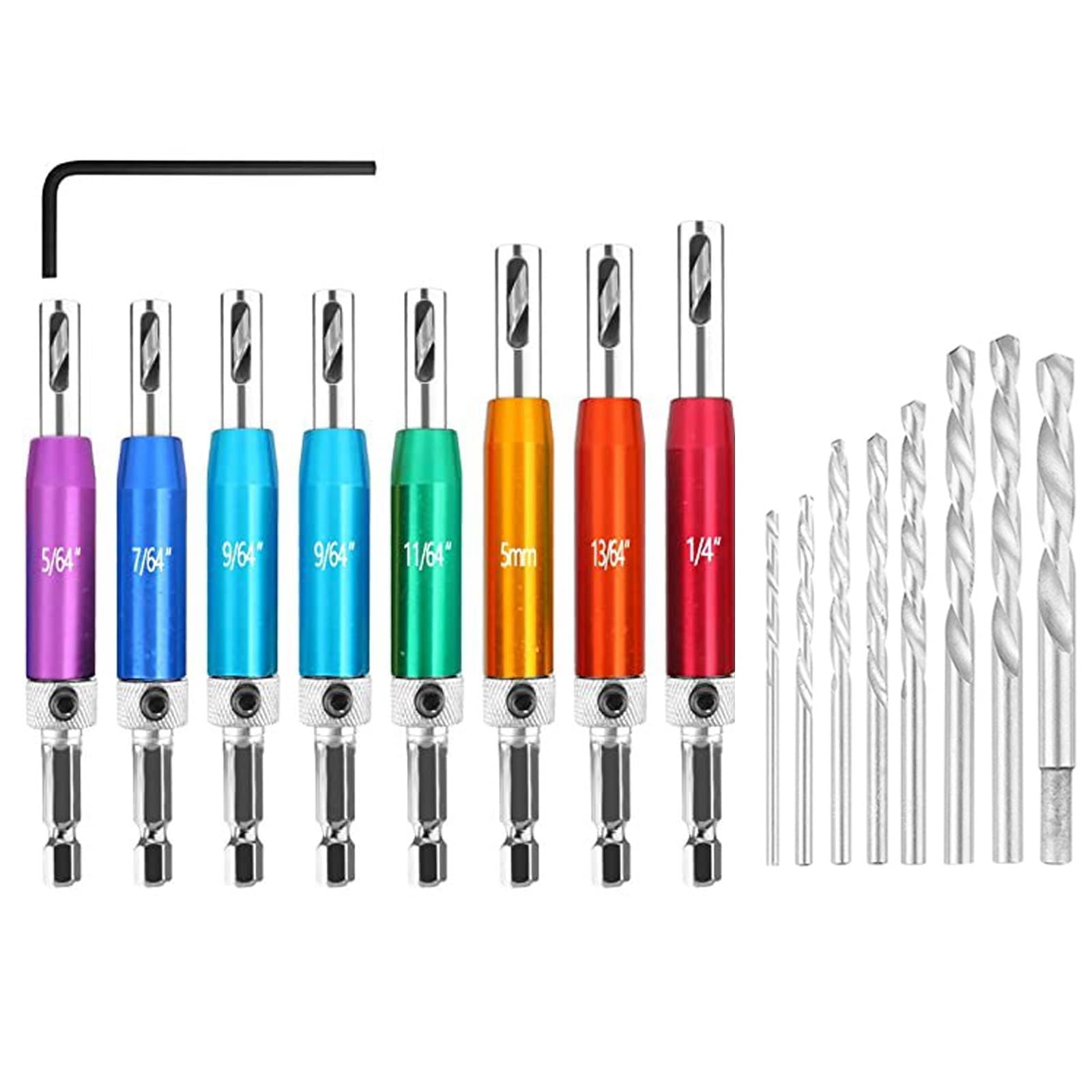 17 Pcs Hinge Drill Bit Set, 8 Pcs HSS Self Centering Drill Bits, 8Pcs Twist Drill Bits for Drilling Tool Wood, Metal, Plastic, 1/4" Hex Shank Hinge Drill Bit with Wrench for Hinges Hardware Cabinet