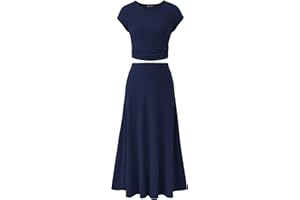 PRETTYGARDEN Women's 2 Piece Summer Outfits Dressy Casual Knit Short Sleeve Crop Top High Waist Midi Skirt Set
