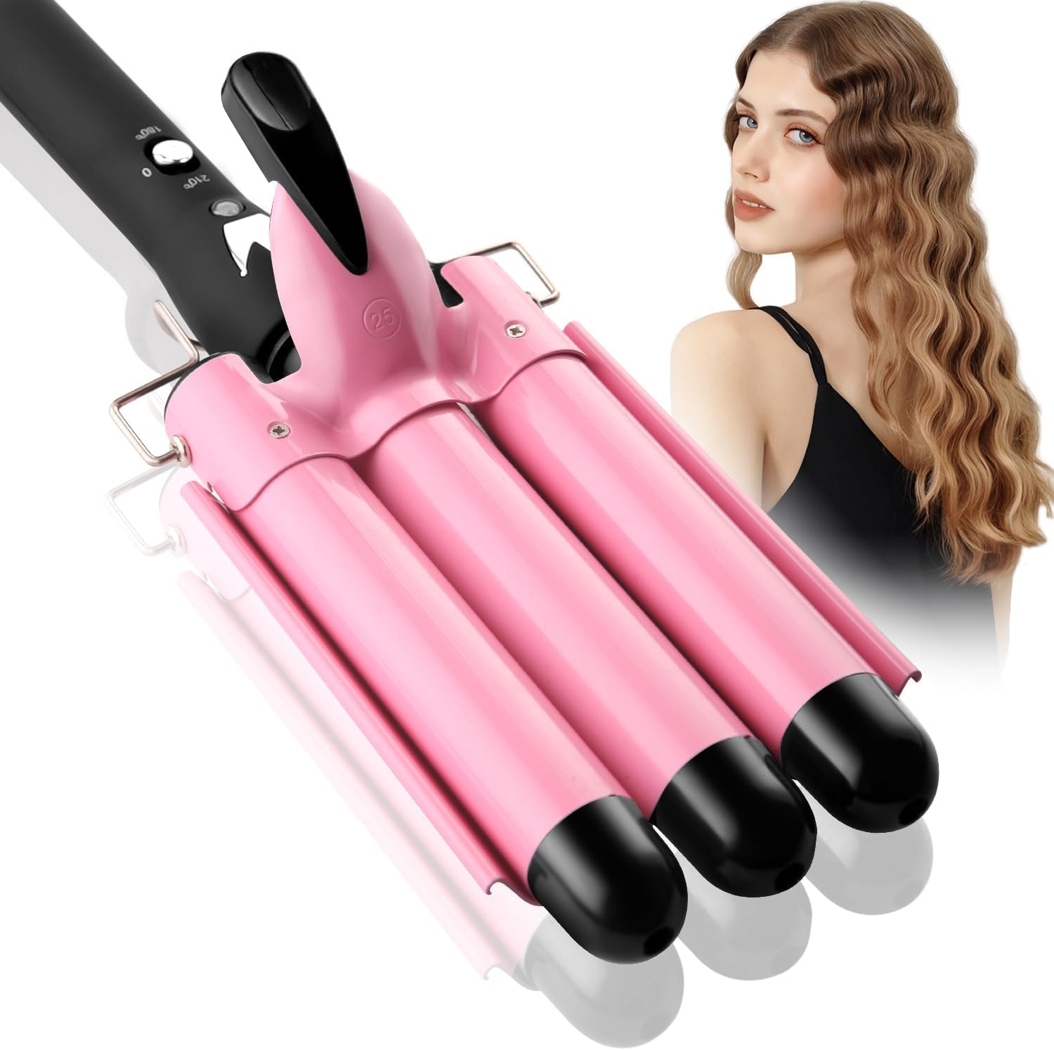 3 Barrel Hair Waver - 25MM Pink Hair Curling Iron with Dual Heat Settings & Temperature Control - Electric Crimper Wand for Big Waves & Curls