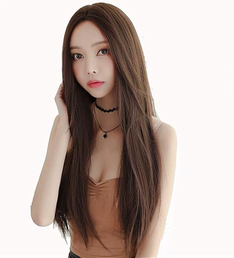 Amazon Co Jp ウィッグ ネットレッドウィッグ女性ロングヘアストレートトップ 髪の韓国語バージョンストレートん前髪目に見えない現実的なファイバーウィッグ Wzzjp Color Brown Black 70cm 服 ファッション小物