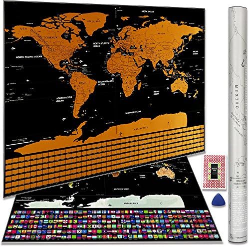 Scratch Off World Map Deluxe Travelers Wall Poster with US States and Country Flags, Track Your Adventures. Includes Scratch tool and Memory Stickers, Perfect Gift. 32.5 x 23.4 inches. (Black)