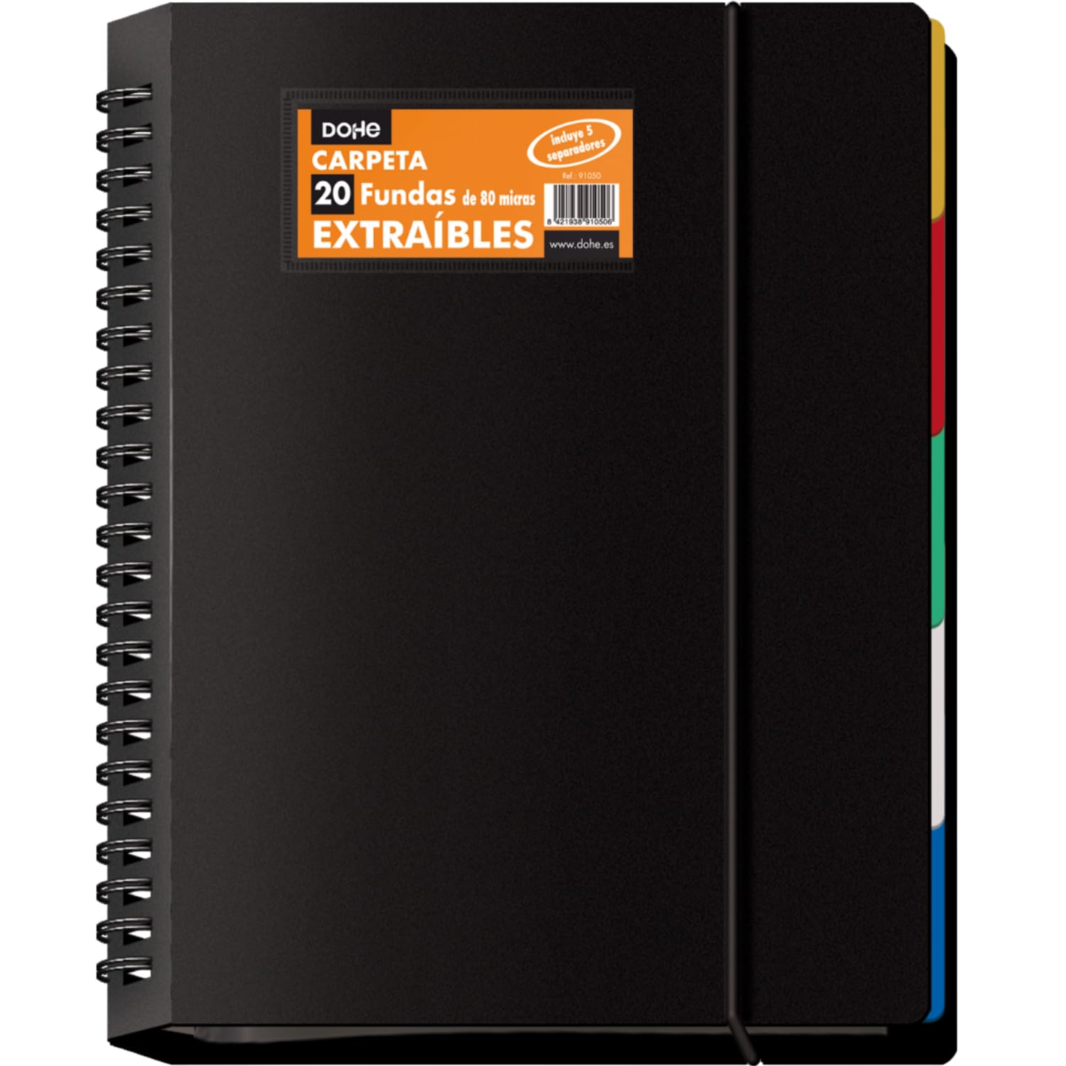 Dohe - Folder with 20 Removable Pockets, A4 (25 x 31 cm), disc Rings, 5 Coloured dividers, Elastic Rubber Closure, Office and School Supplies