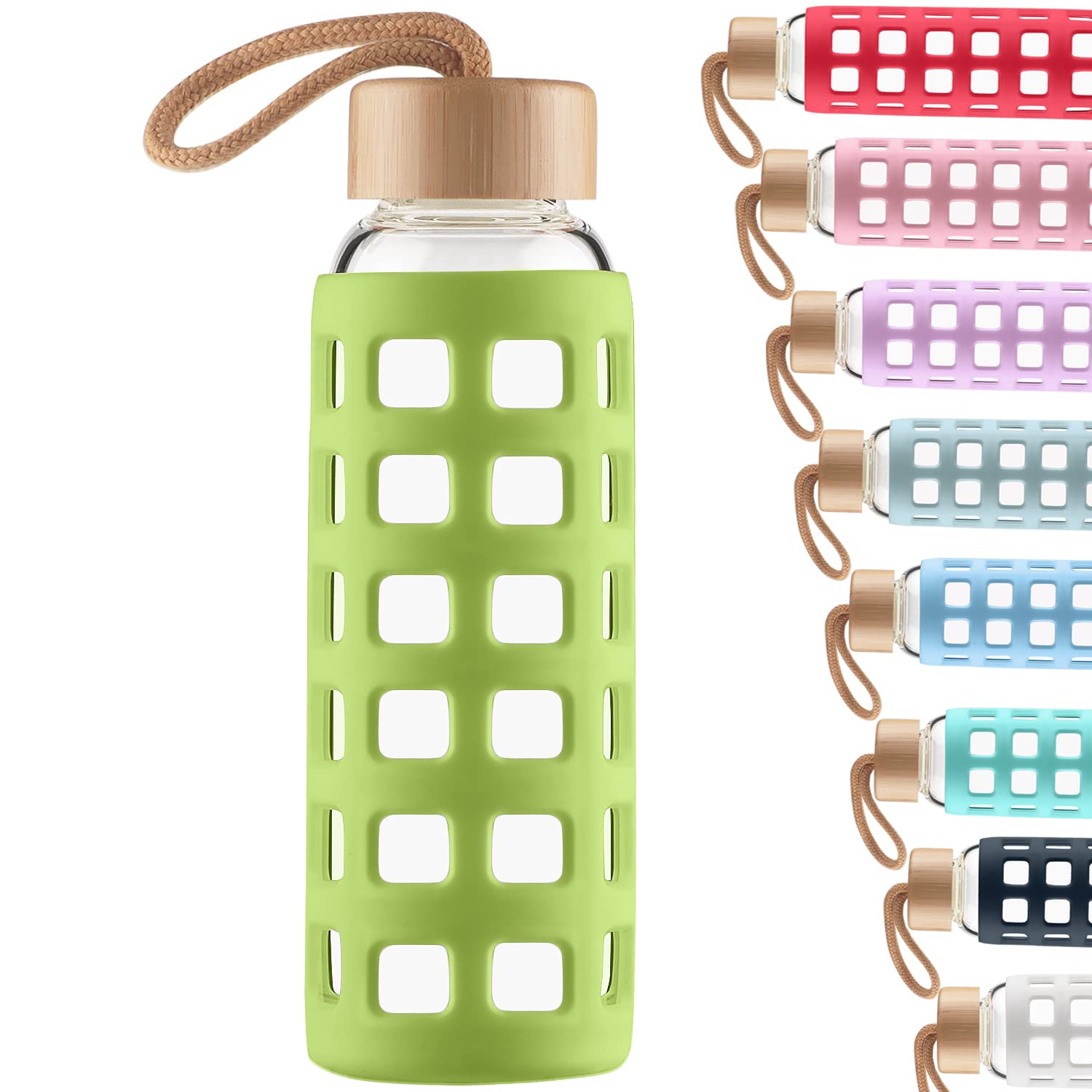 Cleesmil Sports Glass Water Bottle with Silicone Sleeve with Bamboo Lid BPA Free 660 ml (Grass green) — image 1