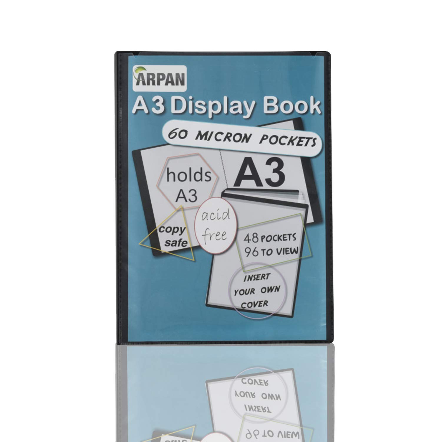 Black A3 Presentation Display Book Folder Folio with 48 Strong Pockets, Portrait Sleeves, 0.8mm Cover