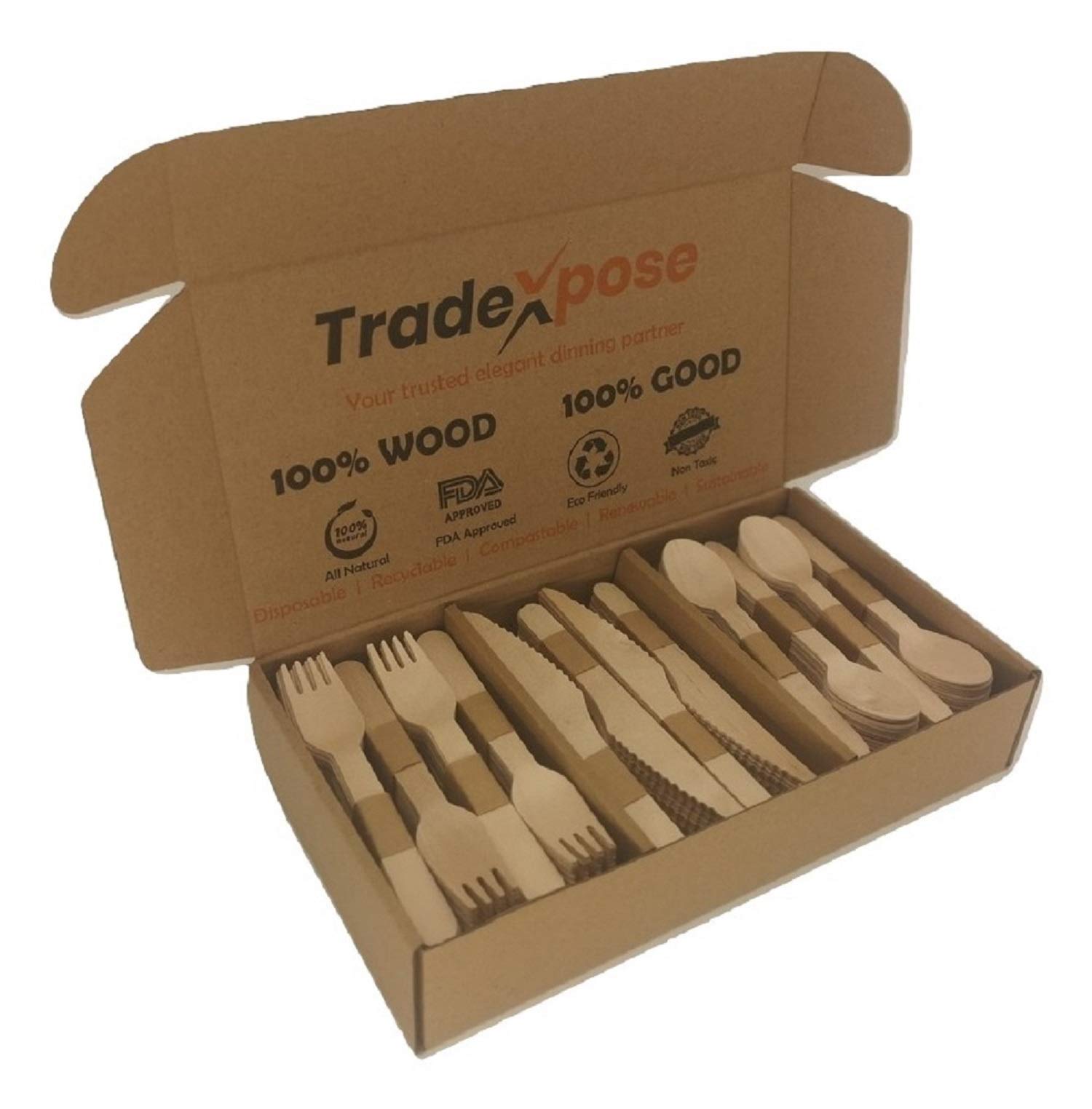 Disposable Wooden Cutlery Set Birchwood- Eco Friendly Biodegradable Wooden Cutlery - Plastic Free Wooden Disposable Utensils - Compostable Cutlery - 120 Wooden Forks,120 Wooden Spoons,60 Wooden Knives