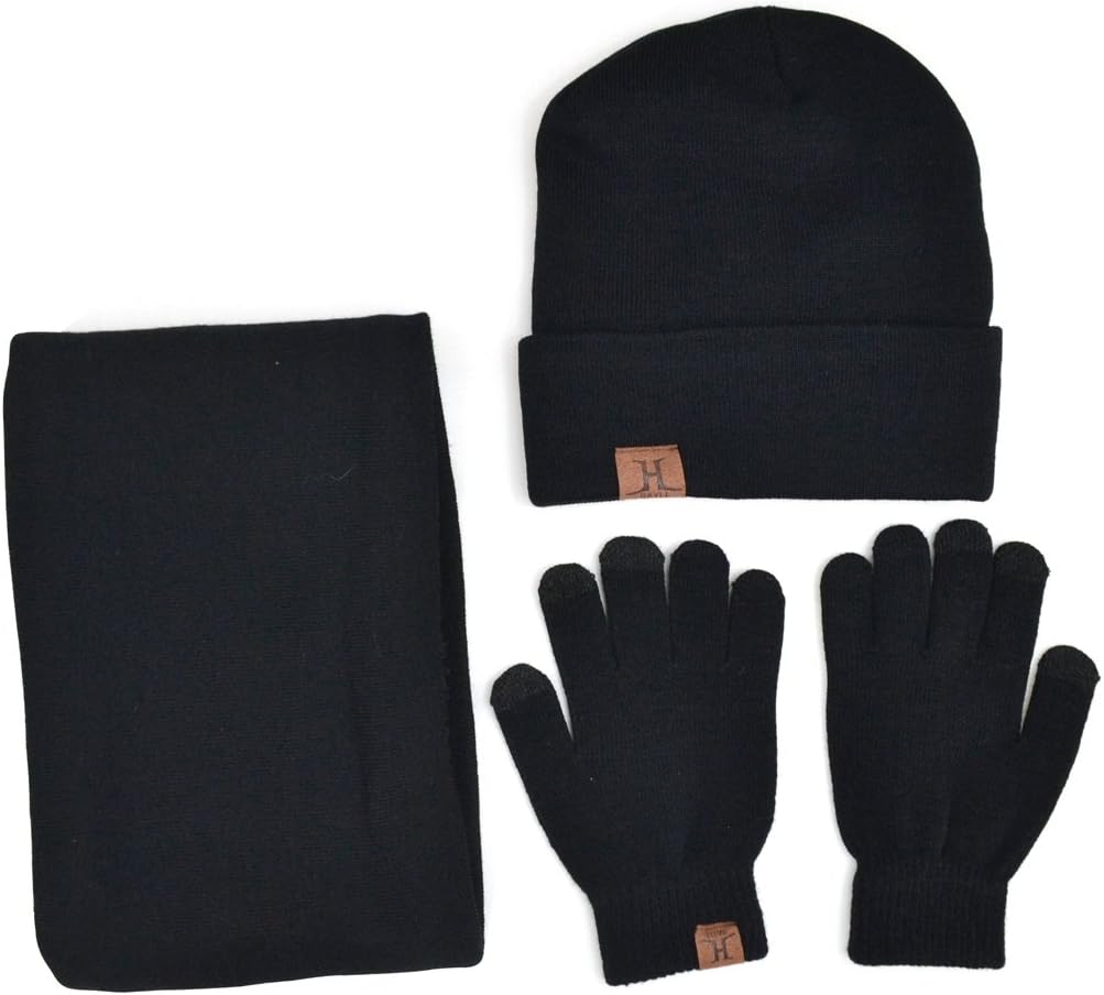 Xianheng Hat Scarf Gloves Touch Screen 3 Pieces Winter Knitted Set for Men Women