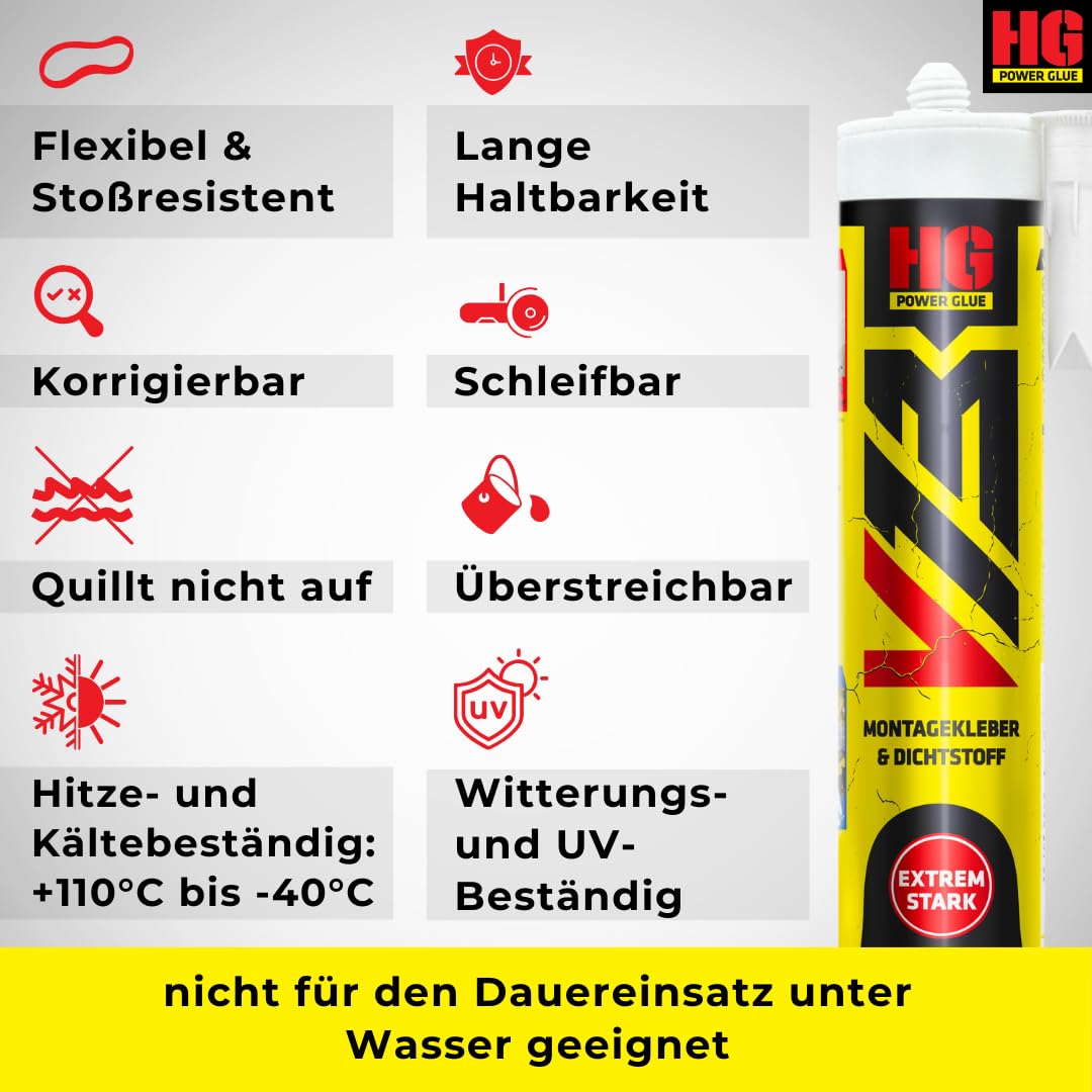 HG POWER GLUE V13 Ultra Hochleistungs-Montagekleber und Dichtstoff extra stark, Kraftkleber für außen und innen, Kleber mit super starker Anfangshaftung, enorme Endfestigkeit, Kartusche 440g weiß 5