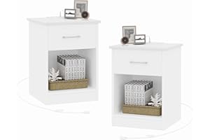 Reettic Set of 2 Nightstand with Charging Station and USB Ports & Power Outlets, Wooden End Table with Drawer and Opening Shelf, Side Table for Bedroom, White RCTG101WE02