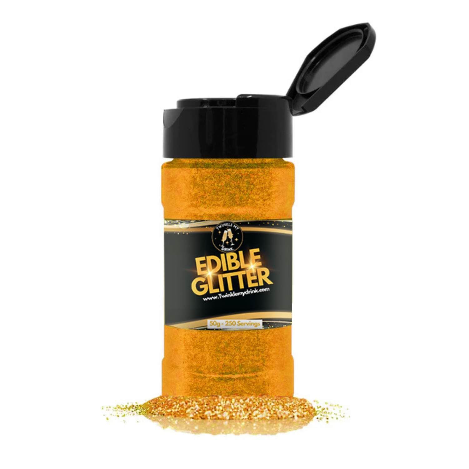 Twinkle my Drink Bulk 50g 250 Servings | Gold Edible Glitter for Drinks & Cake | Shaker Style Bottle Designed for Bars & Cafes | Restaurant Cocktail Accessories | E171 Free | Gold
